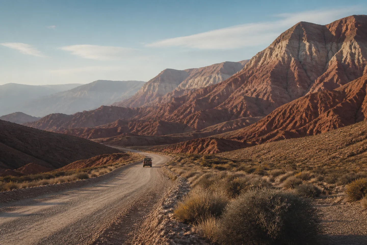 Camino entre montañas rojizas del noroeste argentino para una campaña de viajes